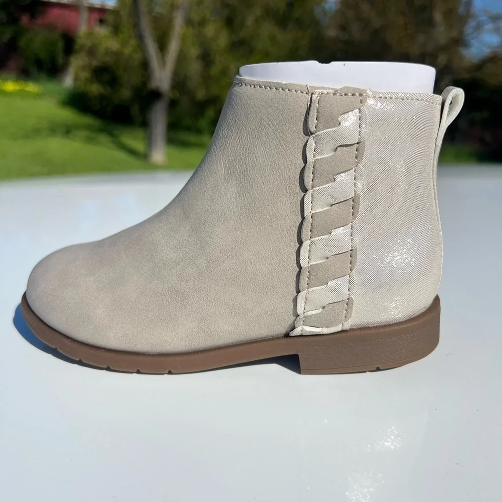 Little Girls Beige Side-Zip Ankle Boots with Braided Accent